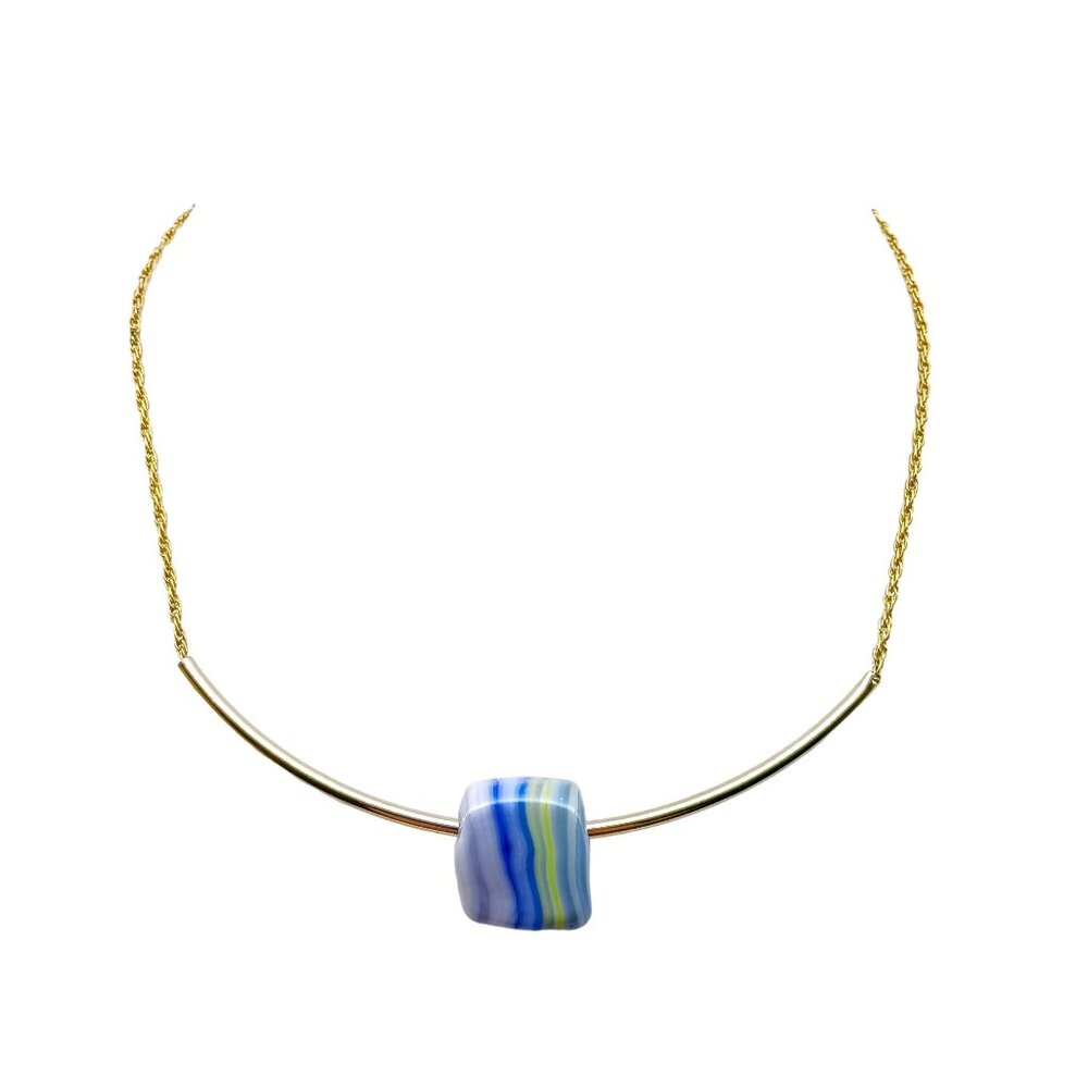 Curved Bar Bib Collar Necklace with Blue and Grey Striped Art Glass Cube Slide P